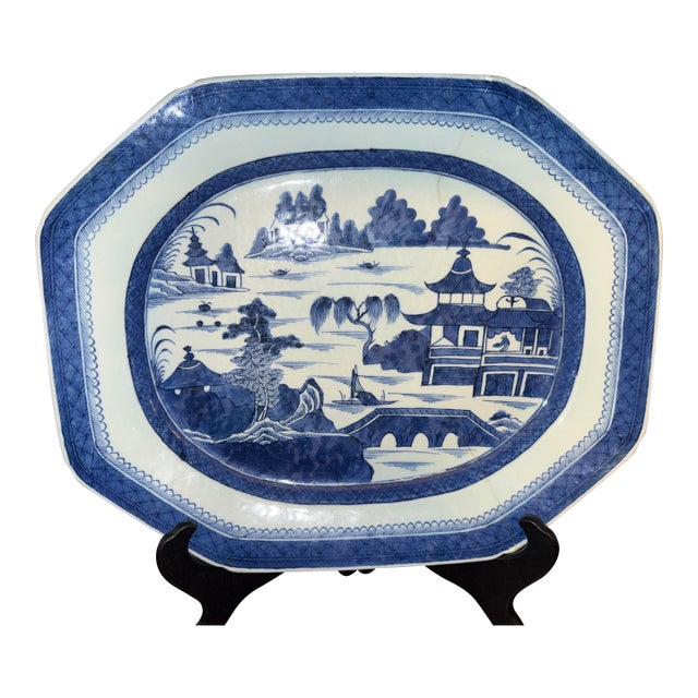Antique Chinese Canton Large Platter Export Porcelain Blue & White 17"x13” With Wood Display Stand For Sale