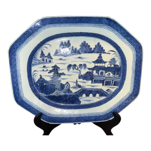 Antique Chinese Canton Large Platter Export Porcelain Blue & White 17"x13” With Wood Display Stand