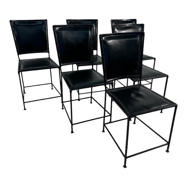 Set of 6 Leather and Iron Vintage Italian Dining Chairs, 1970s For Sale