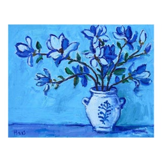 Blue Magnolia - Modern Floral Oil Painting Original Art For Sale