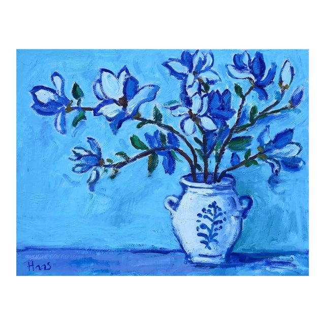 Blue Magnolia - Modern Floral Oil Painting Original Art For Sale