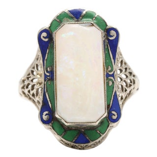 1930s Art Deco Large Opal Rectangular Ring, 14k White Gold, Ring Size 4.25 For Sale