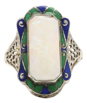 1930s Art Deco Large Opal Rectangular Ring, 14k White Gold, Ring Size 4.25