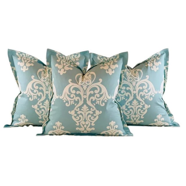 Designer Vicki Payne Free Spirit Aqua & Cream Damask Fleur De Lis Scroll Pillow Covers - Set of 3 For Sale In Jacksonville, FL - Image 6 of 6