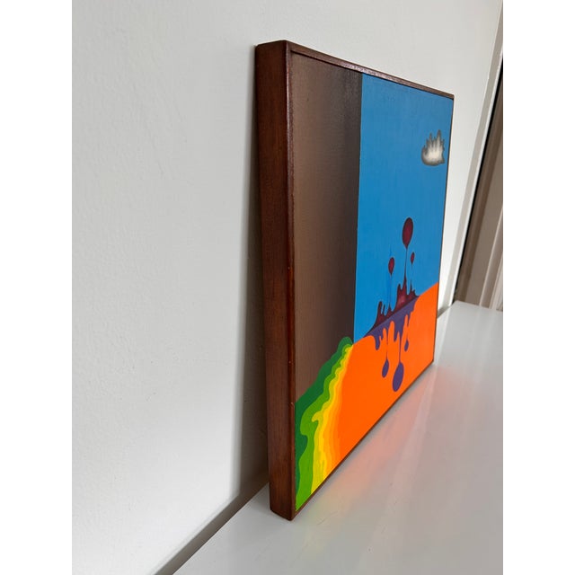 This surrealist-style painting depicts a vibrant, dreamlike landscape with a striking inverted reflection of melting,...