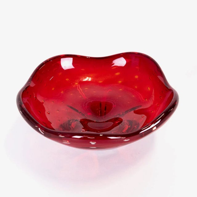 Italian Italian Murano Style Art Glass Ruby Red Bullicante Bowl For Sale - Image 3 of 10