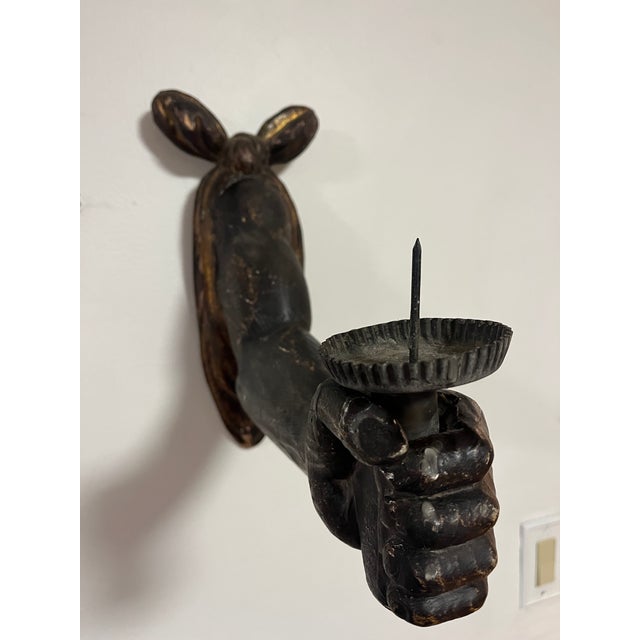 Antique Hand Carved Wooden Powerful Fists Wall Candle Sconces Salvaged Architecture For Sale - Image 4 of 18