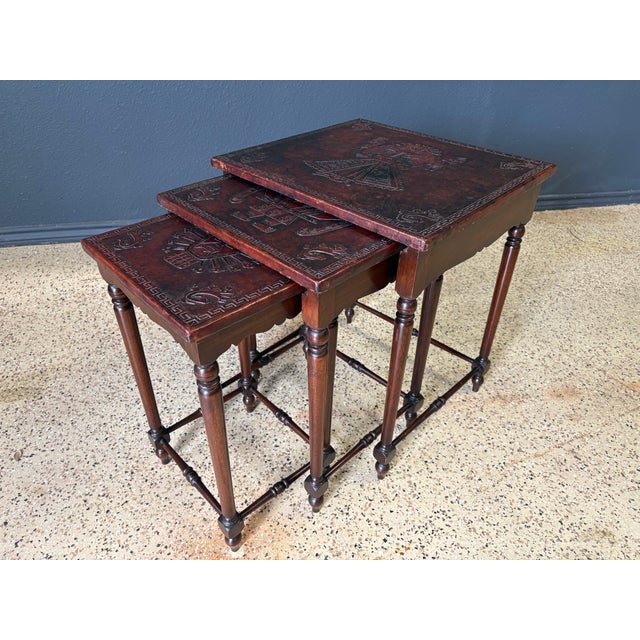 Antique Hand-Crafted Mahogany Nesting Tables With Leather Tops, 1910 For Sale - Image 9 of 17
