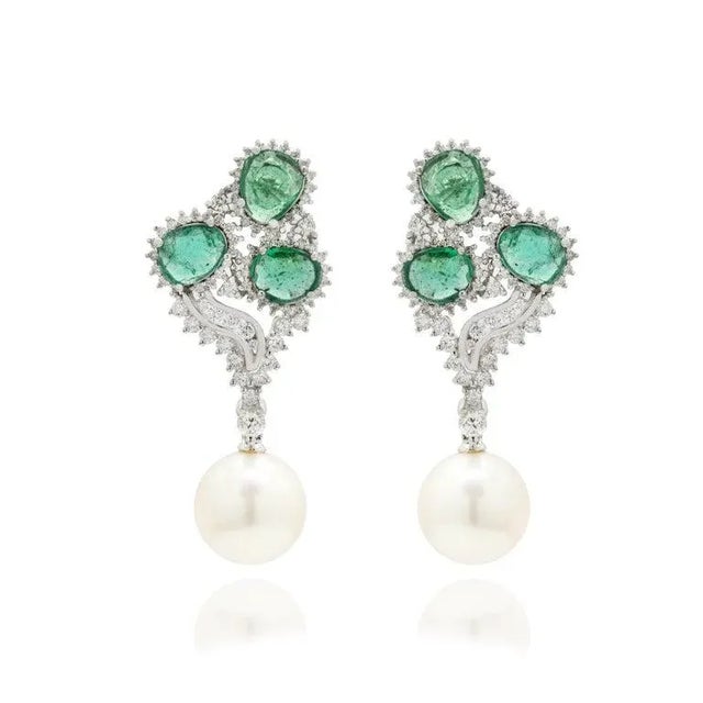 Modern 14k Gold 29.56Ct Emerald and Diamond Designer Dangle Earrings With Pearl- 2 Pieces For Sale - Image 3 of 8