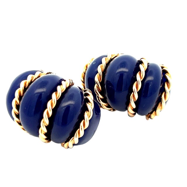 1960 Estate Blue Agate & 14K Gold Ribbed Clip-On Earrings For Sale - Image 9 of 9