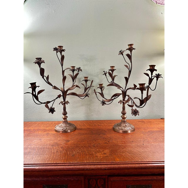 Mid 20th Century Vintage Italian or French Style Solid Brass Five-Light Floral Tole Candelabra With Original Gilt Finish For Sale - Image 5 of 14