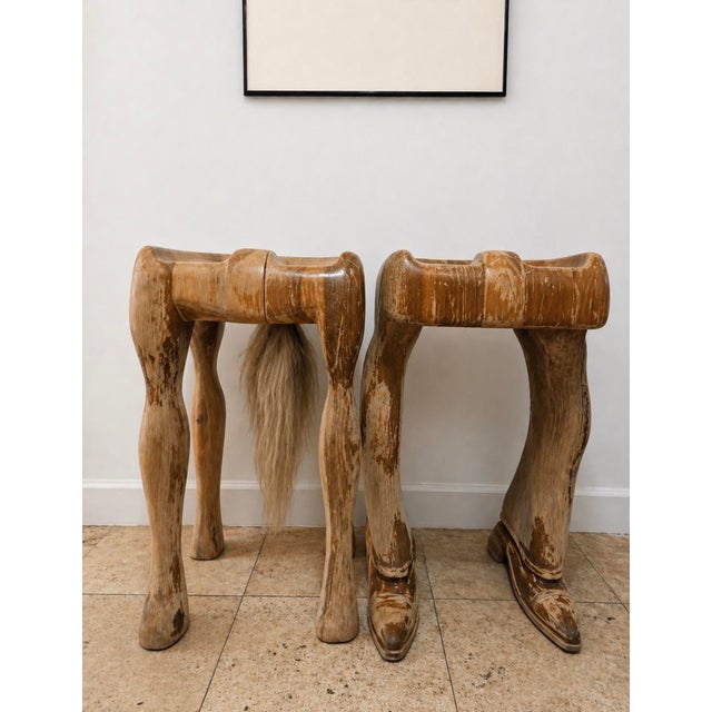 Mid-Century Modern 1960s Carved Wood Horse & Rider Stools – Sculptural Butcher Block Pair, One of a Kind For Sale - Image 3 of 5