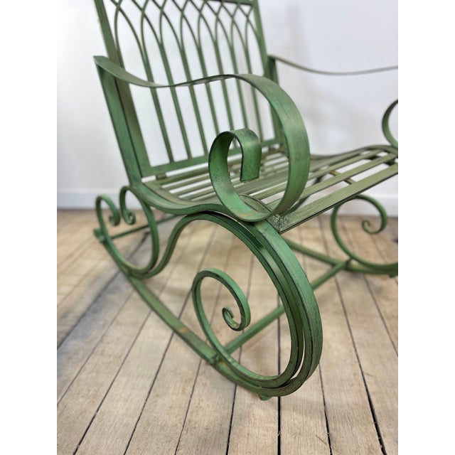 Patinated Green Wrought Iron Rocking Chair, 1990s For Sale - Image 3 of 11