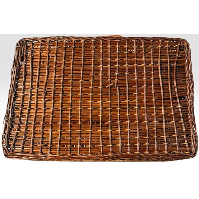 Chestnut Vintage Handwoven Wicker Suitcase Picnic Basket Hamper With Leather Strap and Brass Turn Lock Closure For Sale - Image 8 of 10