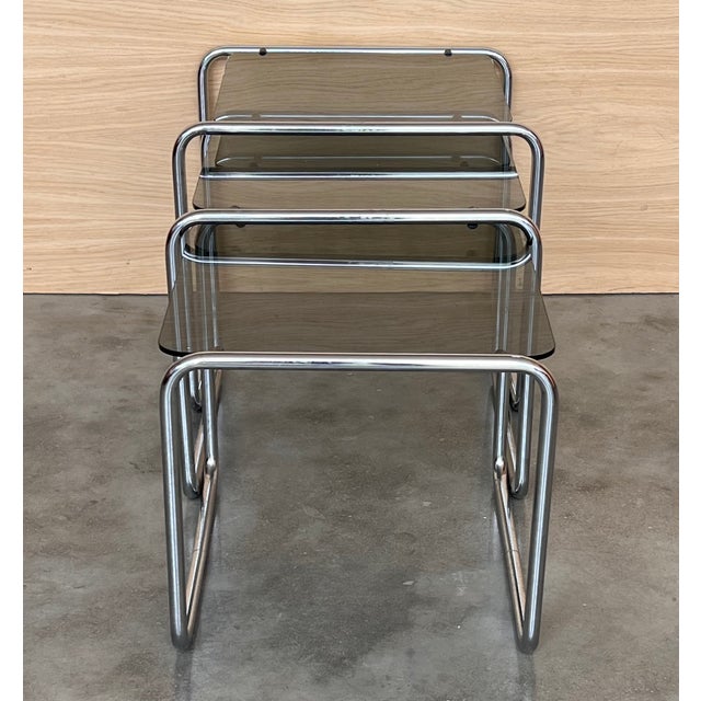 Cantilevered Chrome & Glass Nesting Tables with Fume Glasses, 1960s, Set of 3 For Sale - Image 6 of 11
