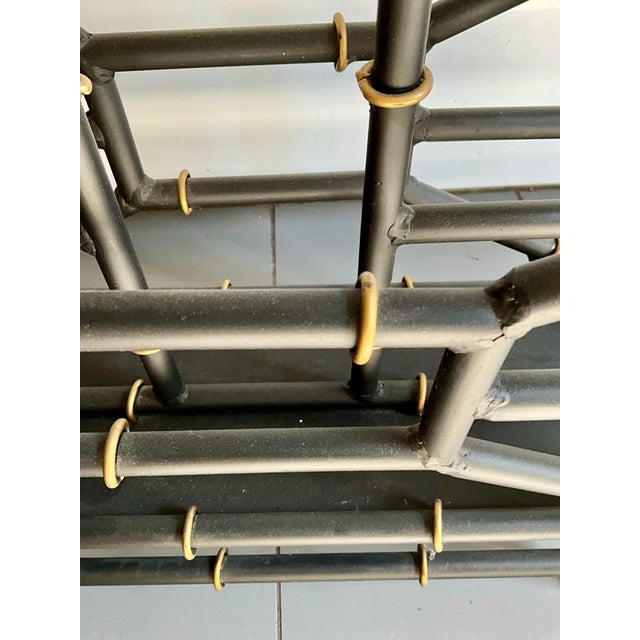 Shabby Chic Chinoiserie Painted Black & Gold Steel Faux Bamboo Magazine Rack For Sale - Image 3 of 6