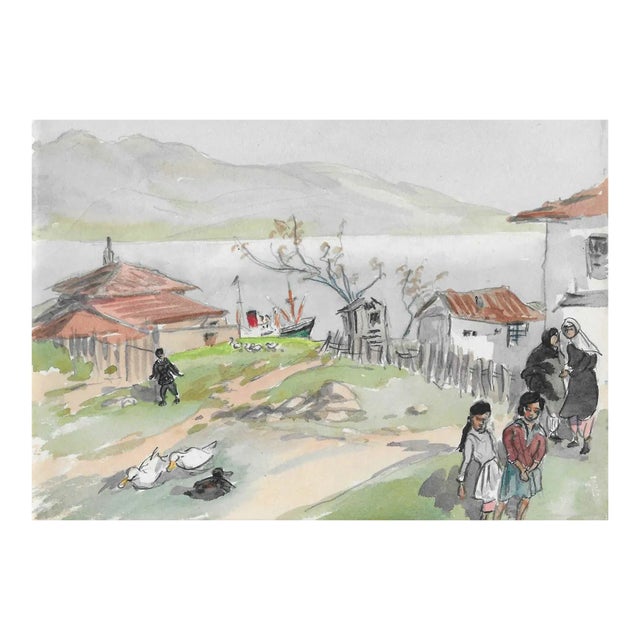 1950s Ivy Attwell Coastal Turkey Watercolor Painting For Sale