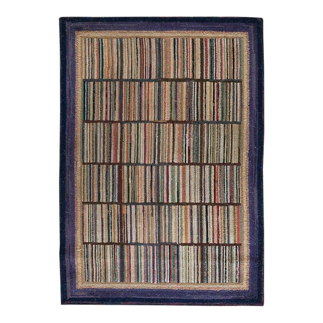 1920s Multi Purple Stripe Folk Art Antique American Hooked Rug 2'7" X 3'8" Knotted Wool Carpet For Sale
