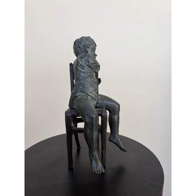 Late 20th Century Late 20th Century Verdigris Bronze Boy in Chair Sculpture Styled After Maitland-Smith For Sale - Image 5 of 11