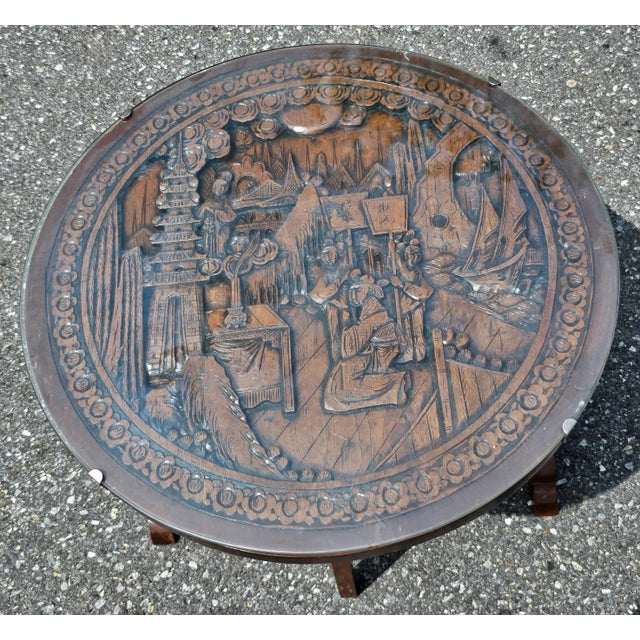 Wood Chinese Carved Hardwood and Glass Tilt-Top Tea Table or Side Table For Sale - Image 7 of 8