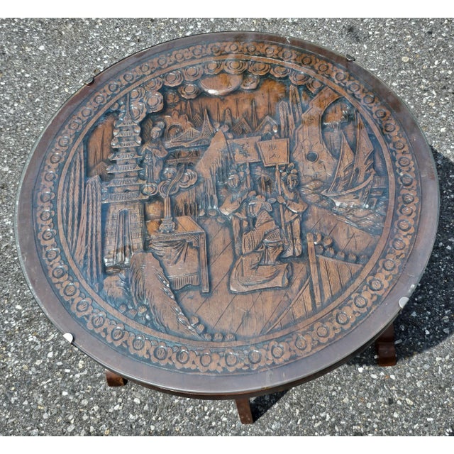 Wood Chinese Carved Hardwood and Glass Tilt-Top Tea Table or Side Table For Sale - Image 7 of 8