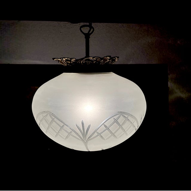 Portuguese Regency Style Frosted Glass Pendant with Ornate Brass Crown, 1980s For Sale - Image 6 of 17
