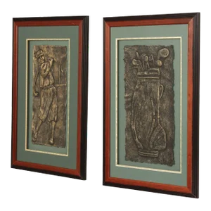 Frank Walcutt Vintage Golf Theme Pair Plaster Relief Prints, Custom Framed