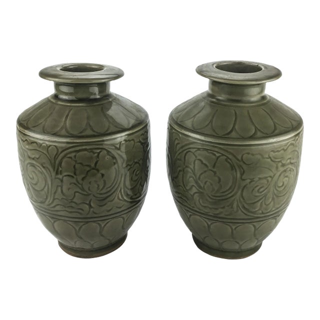 Antique Chinese Pair Green Vases For Sale