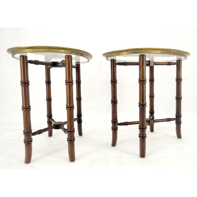 Pair Oval Brass Gallery Glass Top Faux Bamboo Bases End Side Tables Stands MINT For Sale - Image 6 of 16