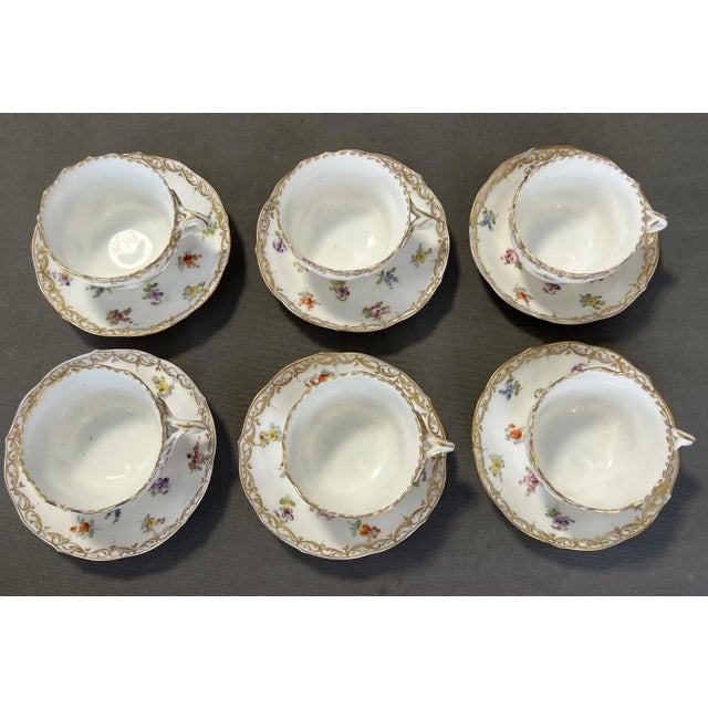 Porcelain Cups and Saucers with Gilt Edges and Floral Motifs from Meissen, 1950s, Set of 12 For Sale - Image 3 of 12