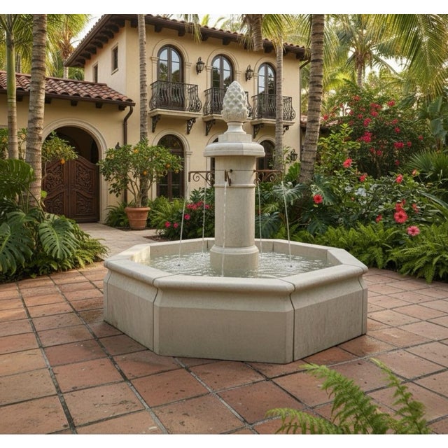 2010s Large French Style Octagonal Carved Limestone Garden Fountain With Pinecone Finial For Sale - Image 5 of 7