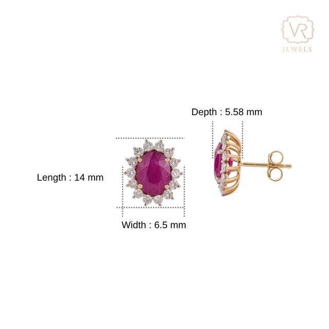 18k Gold 4.86ct Vivid Red Ruby & 1.04ct Diamond Halo Sunburst Stud Earrings- 2 Pieces For Sale - Image 11 of 16