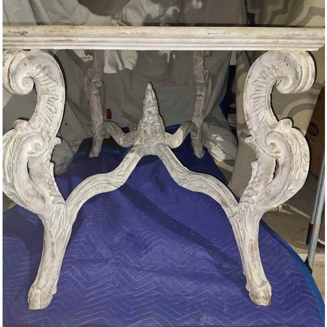 French Console table with a hand applied distressed gesso finish. This table was made by furniture maker: Bliss Studio....