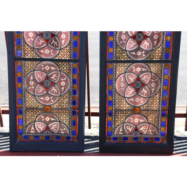 Antique Victorian Gothic Hand-Painted Stained Glass Windows in Wood Frames, Circa 1900 – Pair For Sale - Image 13 of 18
