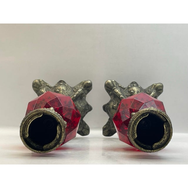 Metal Mid 20th Century Red Faceted Baroque Inspired Candlesticks-a Pair For Sale - Image 7 of 9