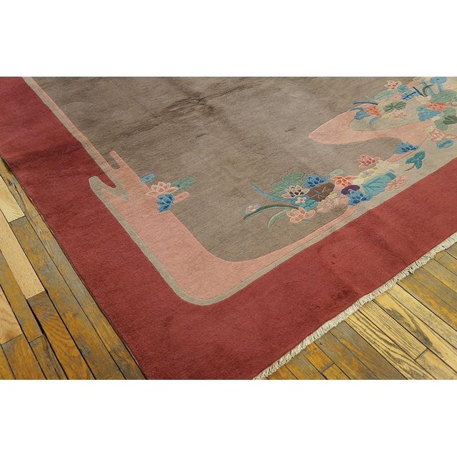 Art Deco 1920s Taupe Background Iconic Floral Design Antique Chinese Art Deco Wool Rug For Sale - Image 3 of 5