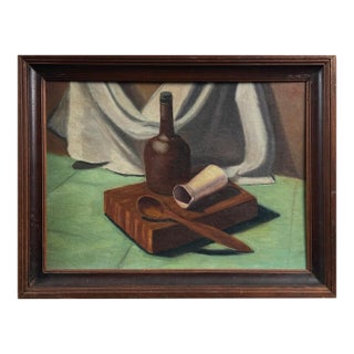 Vintage Still Life With Cutting Board, Bottle, and Spoon, Signed (C. 1950, Oil on Board) For Sale