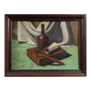 Vintage Still Life With Cutting Board, Bottle, and Spoon, Signed (C. 1950, Oil on Board)