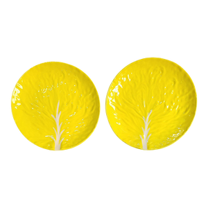 Vintage Yellow Ceramic Cabage Leaf Platters, Made in Italy- Set of 2