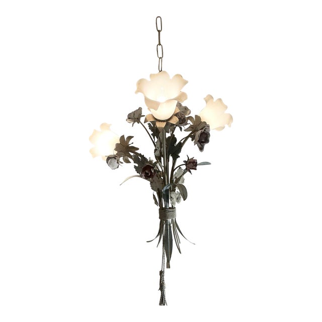 Vintage Italian Toleware Tole Style Floral Rose Chandelier With Glass Shades For Sale