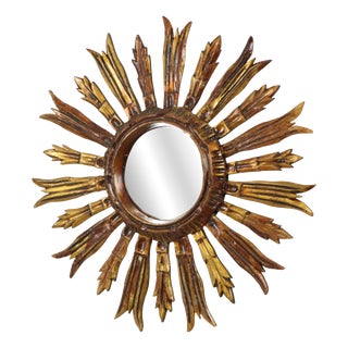 Vintage Wooden Sun Mirror in Sunburst Gold, 1950s For Sale