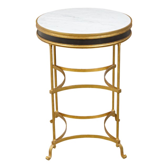 Italian Midcentury Gilt Metal Table with Marble Top and In-Curving Stretchers For Sale
