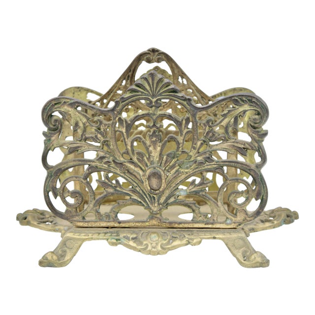 Antique Art Nouveau French Brass Letter Rack / Stationary Holder For Sale