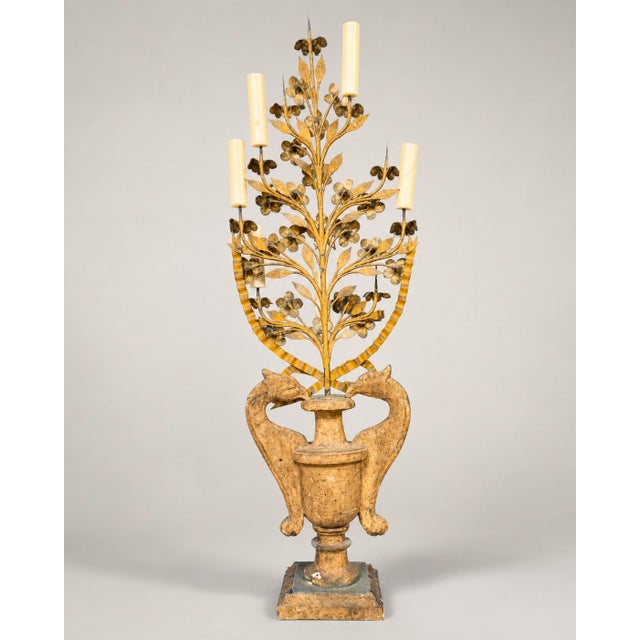 Monumental Italian Giltwood & Polychrome Dolphin and Floral Tole Candelabra For Sale In Providence - Image 6 of 9