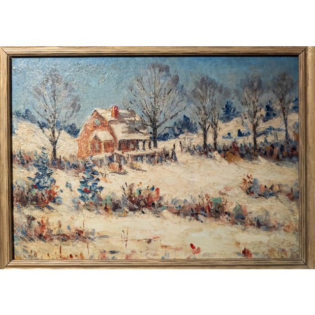We are selling this attractive Impressionist oil on academy board landscape. This snowy winter landscape features a...