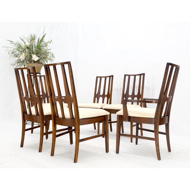 Ib Kofod-Larsen Set of 6 Mid-Century Modern New Linen Upholstery Walnut Dining Chairs Mint! For Sale - Image 4 of 14