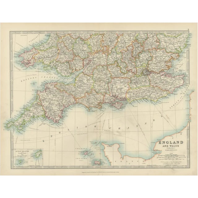 Antique Map of Southern England and Wales, 1903 For Sale