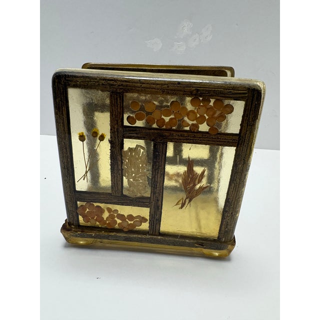 Mid 20th Century Vintage Lucite Napkin Holder, Resin Botanical Windowpane, Mid Century Modern Boho Desk Letter Holder, 1970s Pressed Flower Decor For Sale - Image 5 of 6