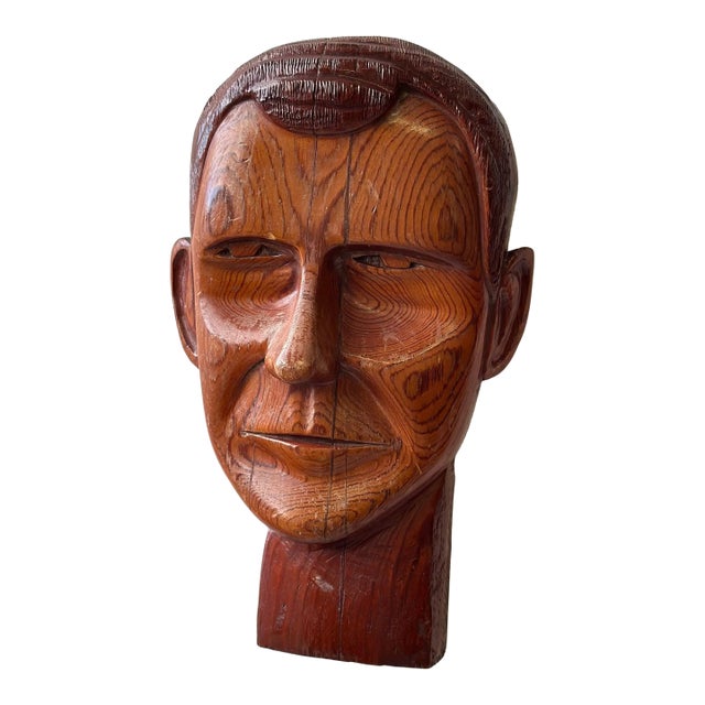 Vintage Hand-Carved Male Bust Wall Hanging, Circa Mid 20th-Century For Sale