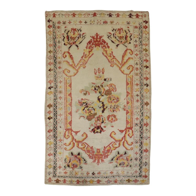 Antique Zabihi Collection Ivory Turkish Ghiordes Rug - 3'6" x 5'4" For Sale